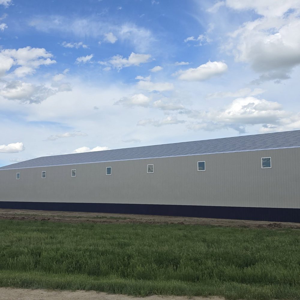 A long gray and navy post-frame building beside a green pasture
